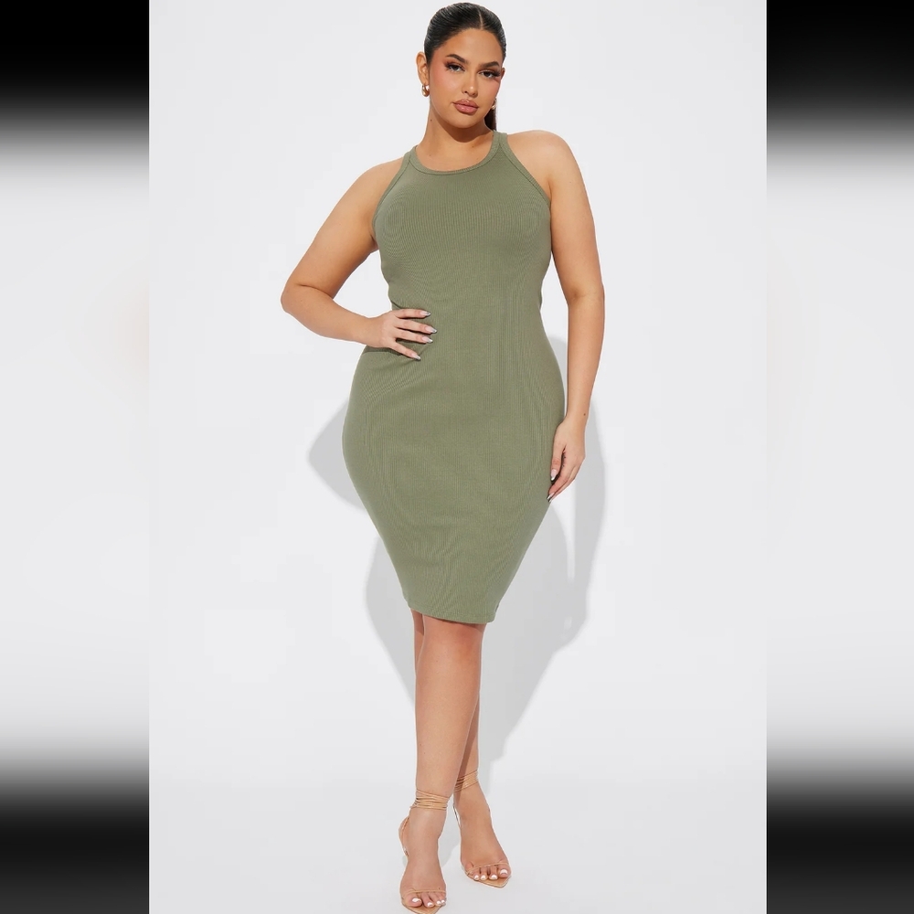 Fashion Nova olive green midi curve bodycon dress‎ 1xl